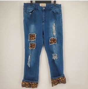 L&B Jeans Plus 16 Straight Cheetah Distressed Rolled Patchwork Stretch‎ Crop
